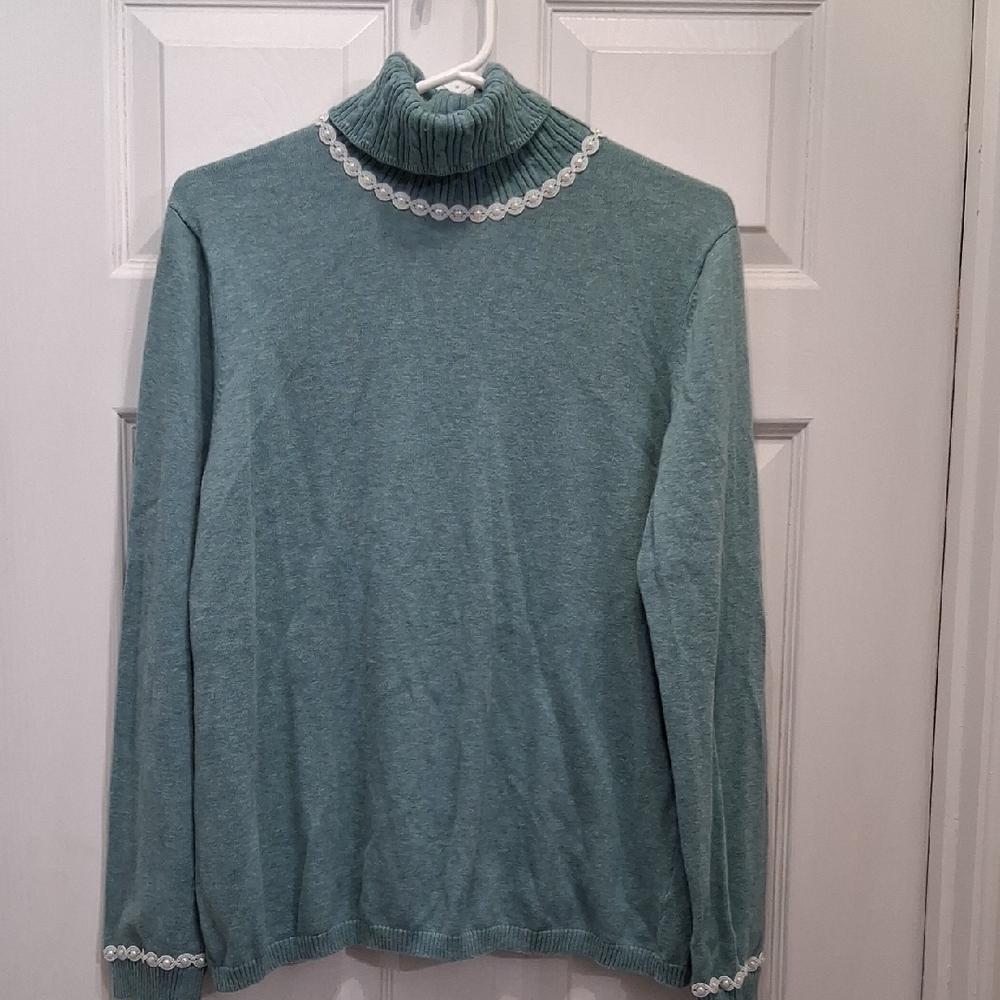 Talbots Teal Knit Sweater with White Accents